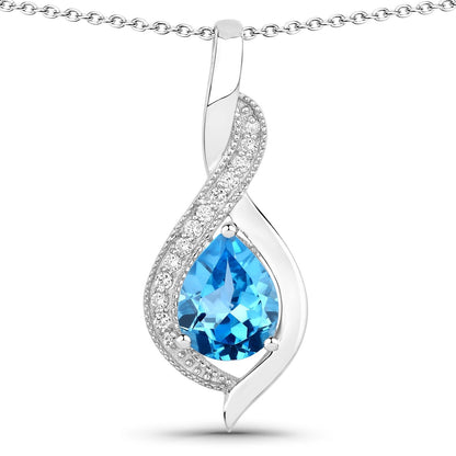 1.90 Ct Pear Swiss Blue Topaz & Lab Diamond Prong Silver Teardrop Crossover Pendant Necklace