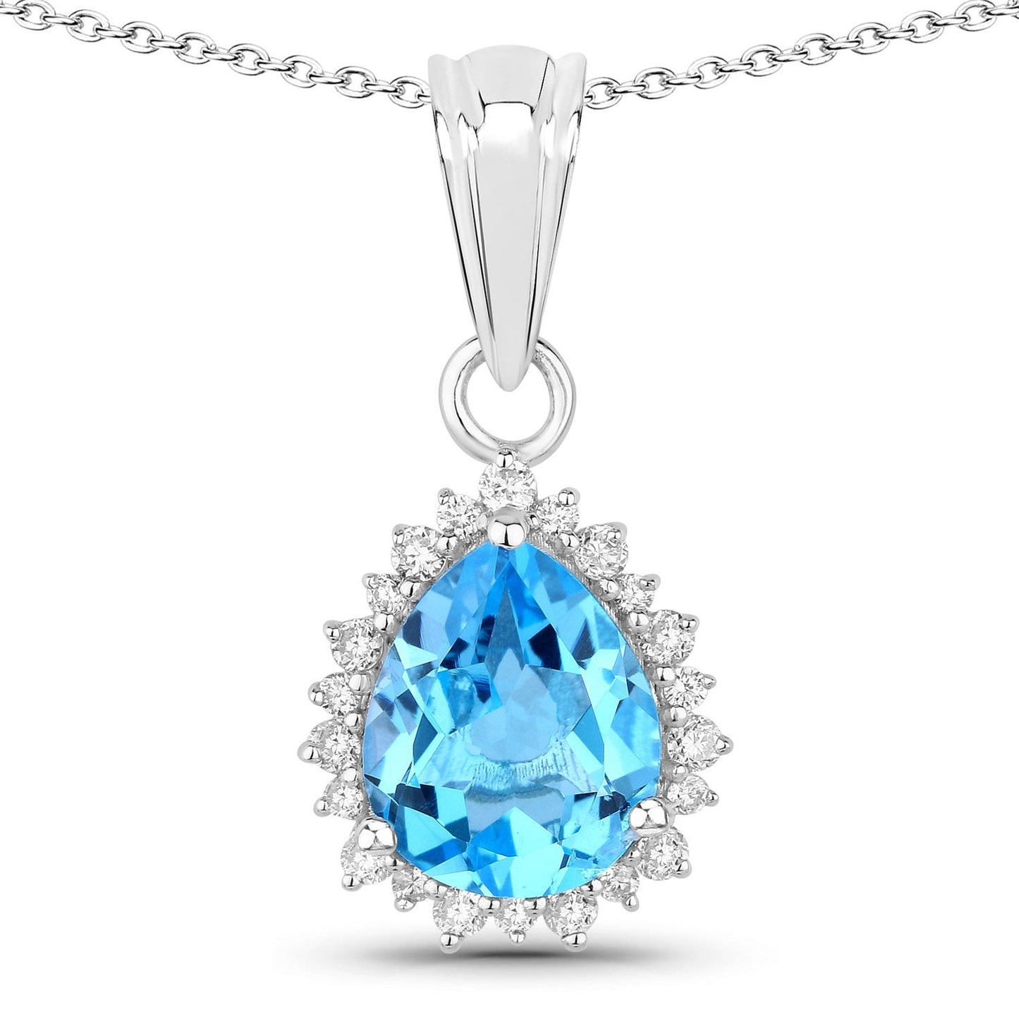 2.60 Ct Pear Swiss Blue Topaz & Lab Diamond Prong Silver Halo Teardrop Pendant Necklace