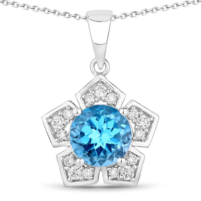3.75 Ct Round Swiss Blue Topaz & Lab Diamond Prong Silver Star Shape Pendant Necklace