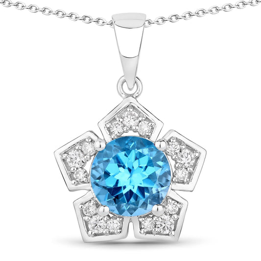 3.75 Ct Round Swiss Blue Topaz & Lab Diamond Prong Silver Star Shape Pendant Necklace