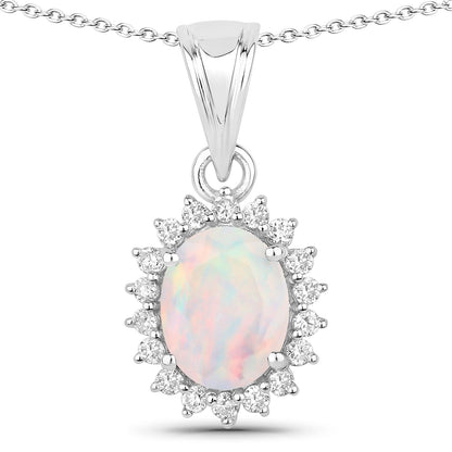 0.90 Ct Oval White Ethiopian Opal & Lab Diamond Prong Silver Halo Pendant Necklace