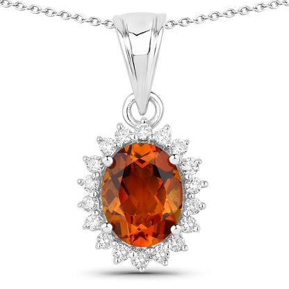 1.70 Ct Oval Orange Madeira Citrine & Lab Diamond Prong Silver Halo Pendant Necklace