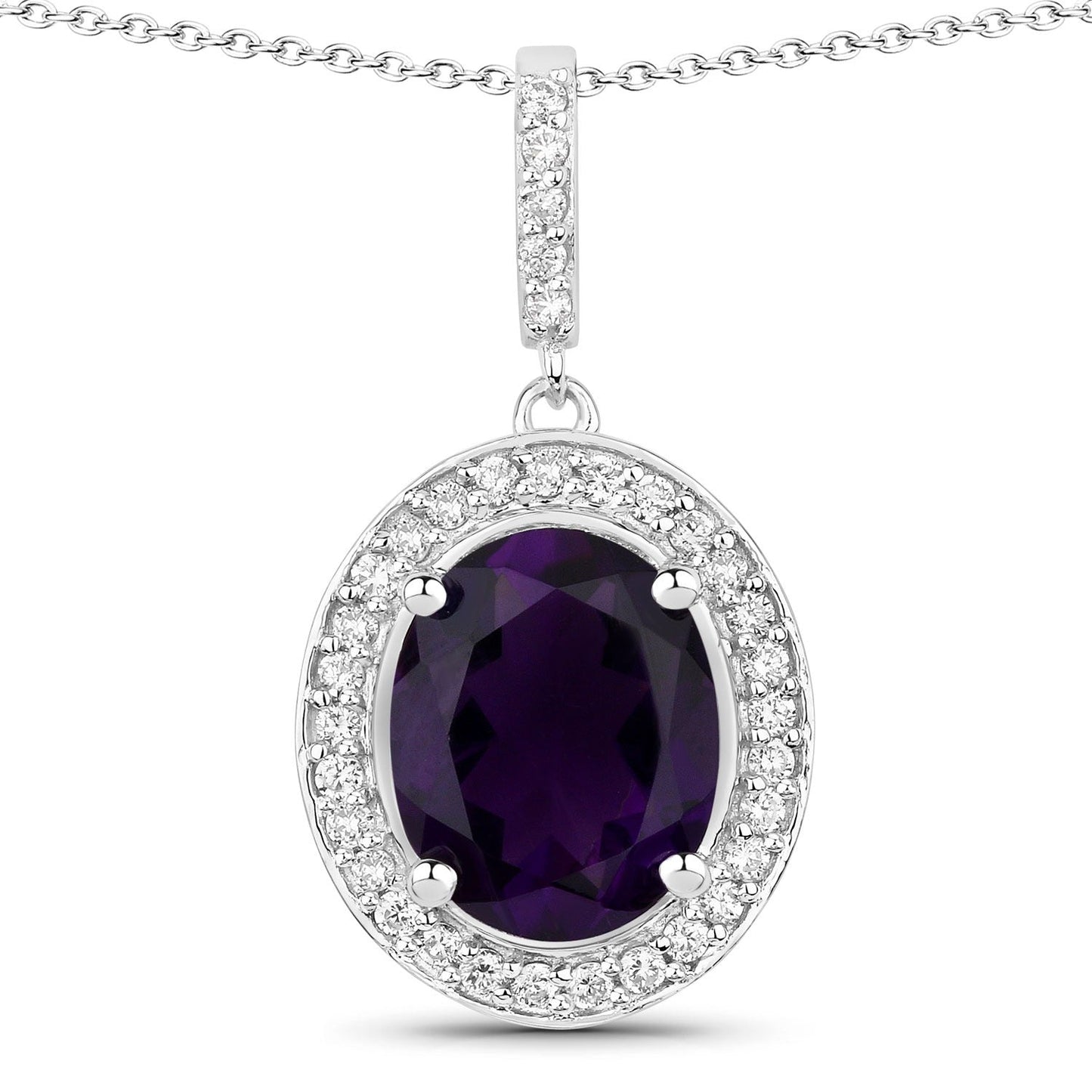 2.20 Ct Oval Purple Amethyst & Lab Diamond Prong Silver Halo Pendant Necklace