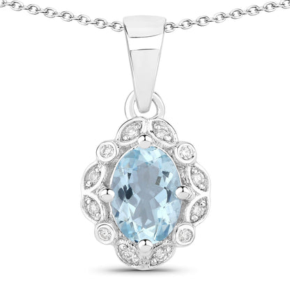 0.60 Ct Oval Blue Aquamarine & Lab Diamond Prong Silver Halo Statement Necklace