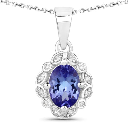 0.75 Ct Oval Violet Tanzanite & Lab Diamond Prong Silver Halo Statement Necklace