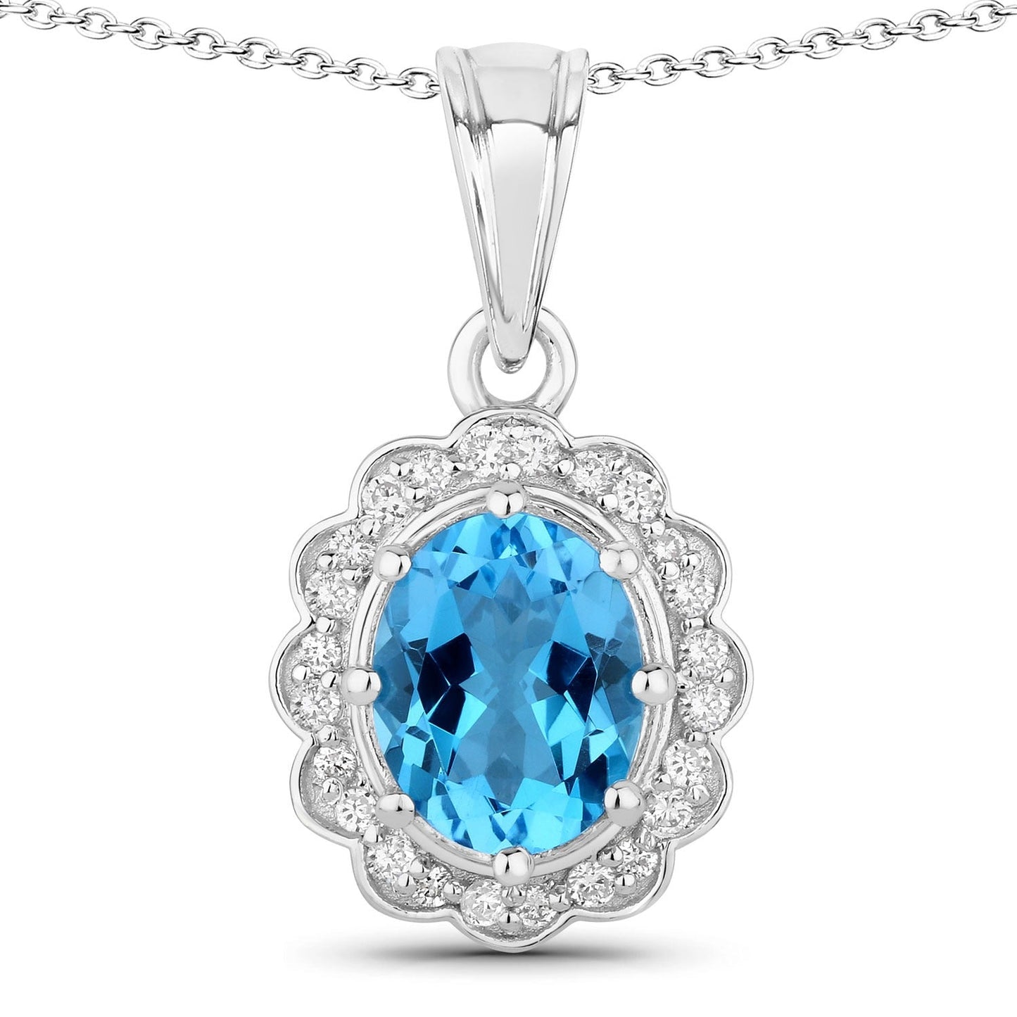 2.55 Ct Oval Swiss Blue Topaz & Lab Diamond Prong Silver Halo Floral Pendant Necklace