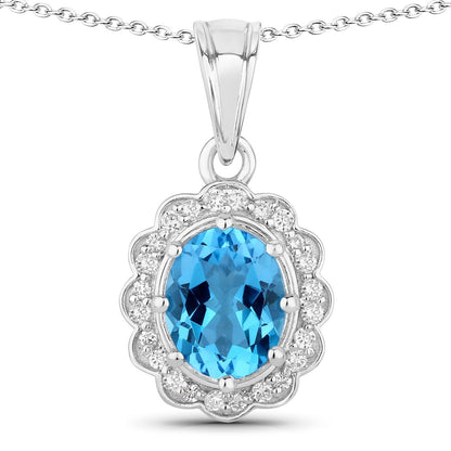 2.55 Ct Oval Swiss Blue Topaz & Lab Diamond Prong Silver Halo Floral Pendant Necklace
