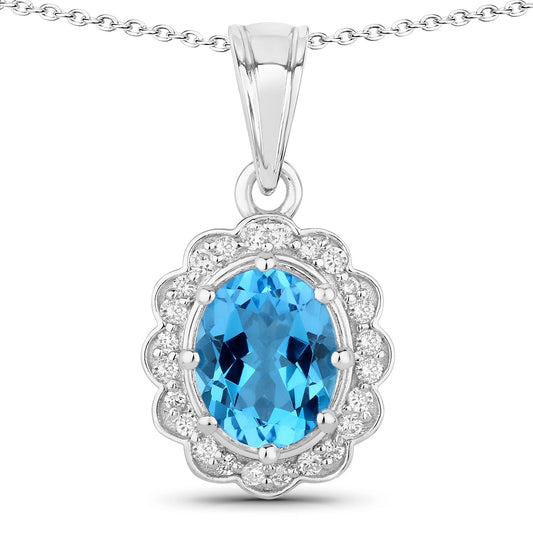 2.55 Ct Oval Swiss Blue Topaz & Lab Diamond Prong Silver Halo Floral Pendant Necklace