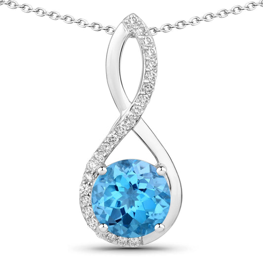 3.75 Ct Round Swiss Blue Topaz & Lab Diamond Prong Silver Crossover Pendant Necklace