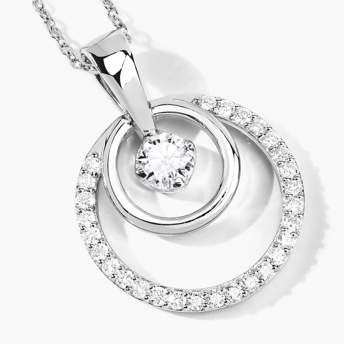 1 Cttw Round White Lab Grown Diamond Rhodium Plated Silver Double Circle Halo Pendant Necklace