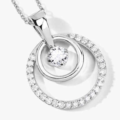 1 Cttw Round White Lab Grown Diamond Rhodium Plated Silver Double Circle Halo Pendant Necklace