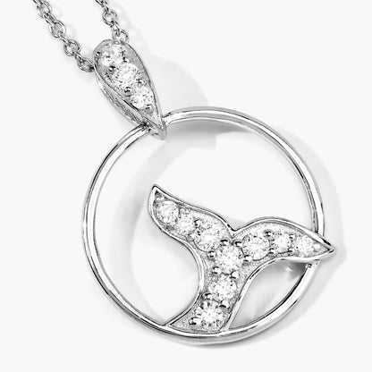 0.34 Cttw Round Lab Diamond Rhodium Plated Silver Whale Tail Circle Pendant Necklace
