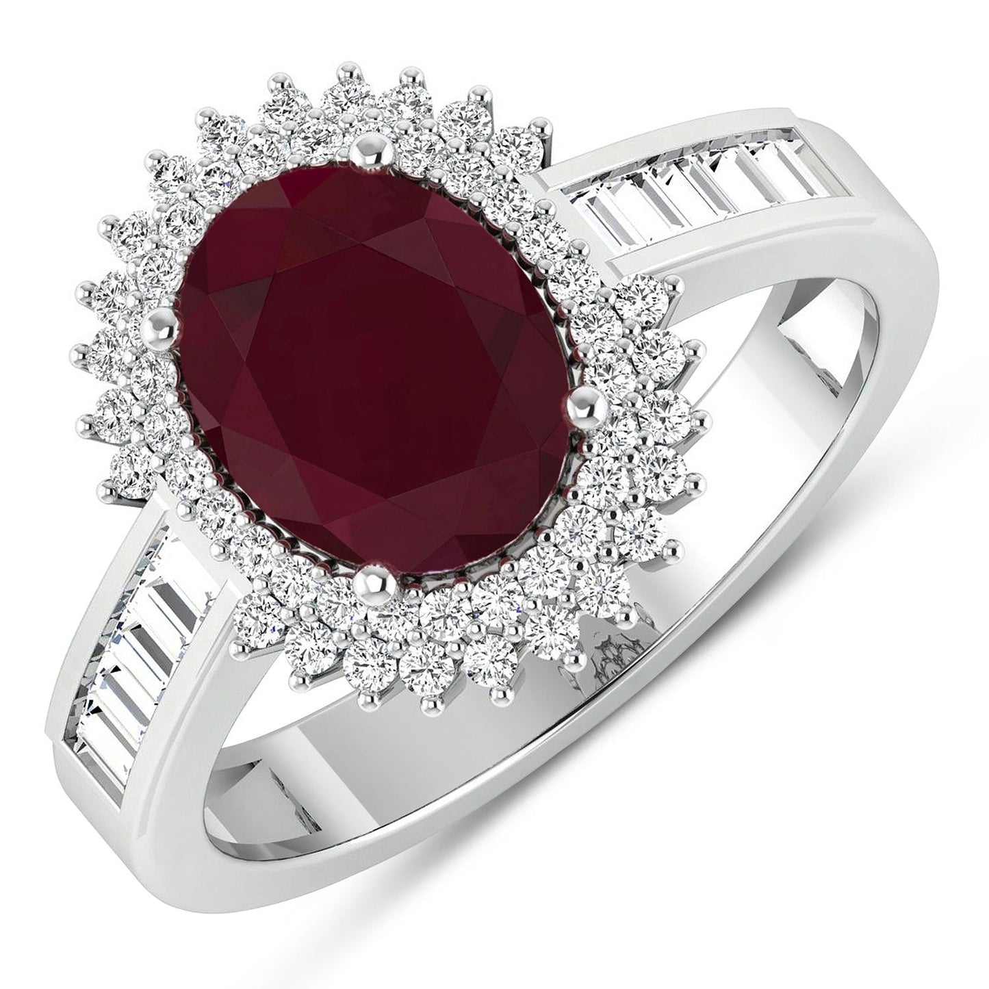 2.30 Ct Oval Pink Ruby & White Diamond Prong 14K White Gold Halo Cocktail Ring