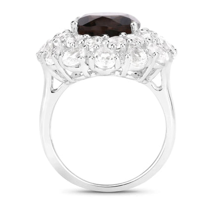 9.29 Ct Oval Brown Smokey Quartz Prong Sterling Silver Double Halo Ring