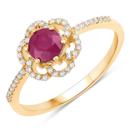 0.55 Ct Round Pink Ruby & Diamond Prong 14K Yellow Gold Halo Floral Ring
