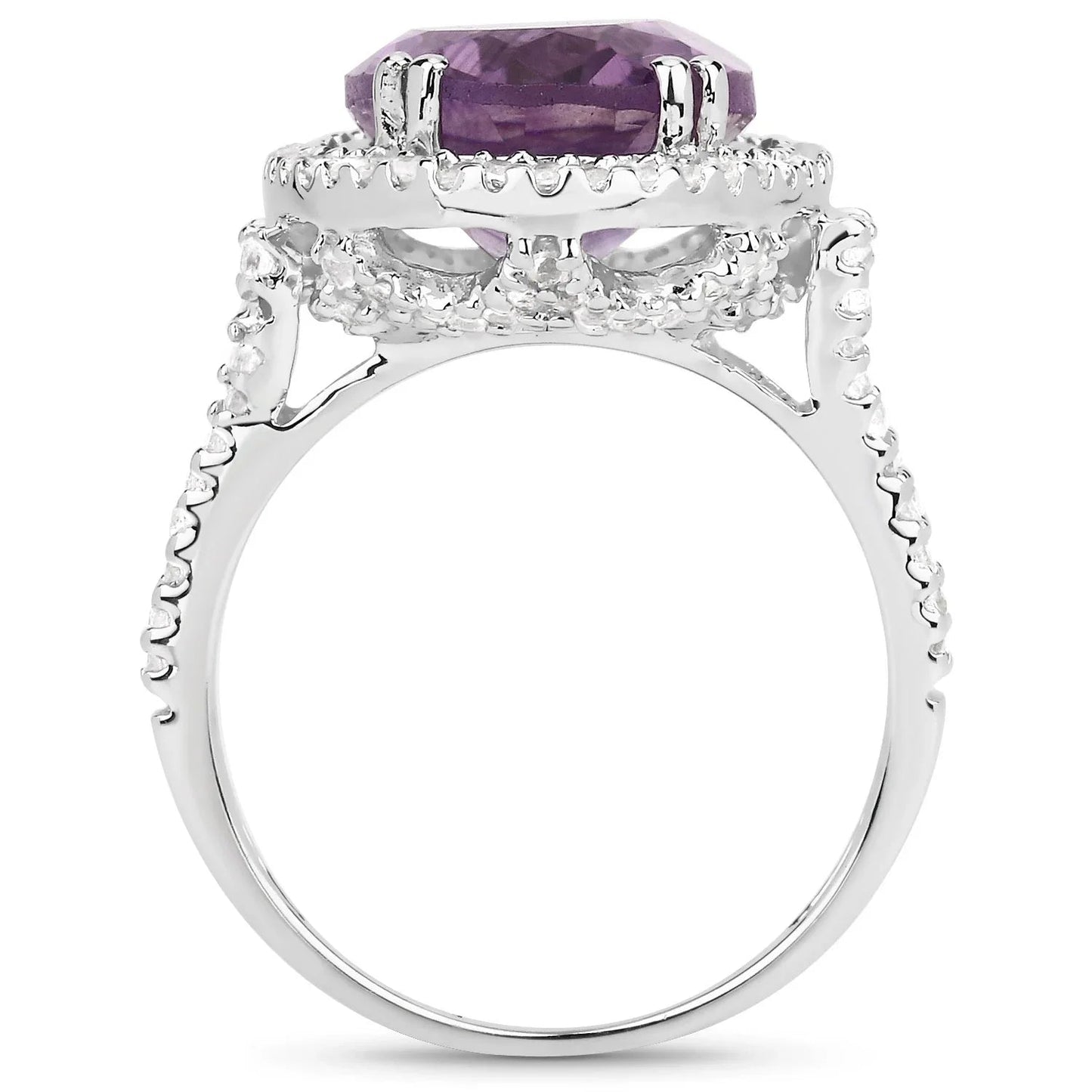 5.55 Ct Oval Purple Amethyst and White Topaz Prong Silver Halo Statement Ring