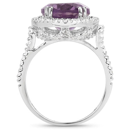 5.55 Ct Oval Purple Amethyst and White Topaz Prong Silver Halo Statement Ring