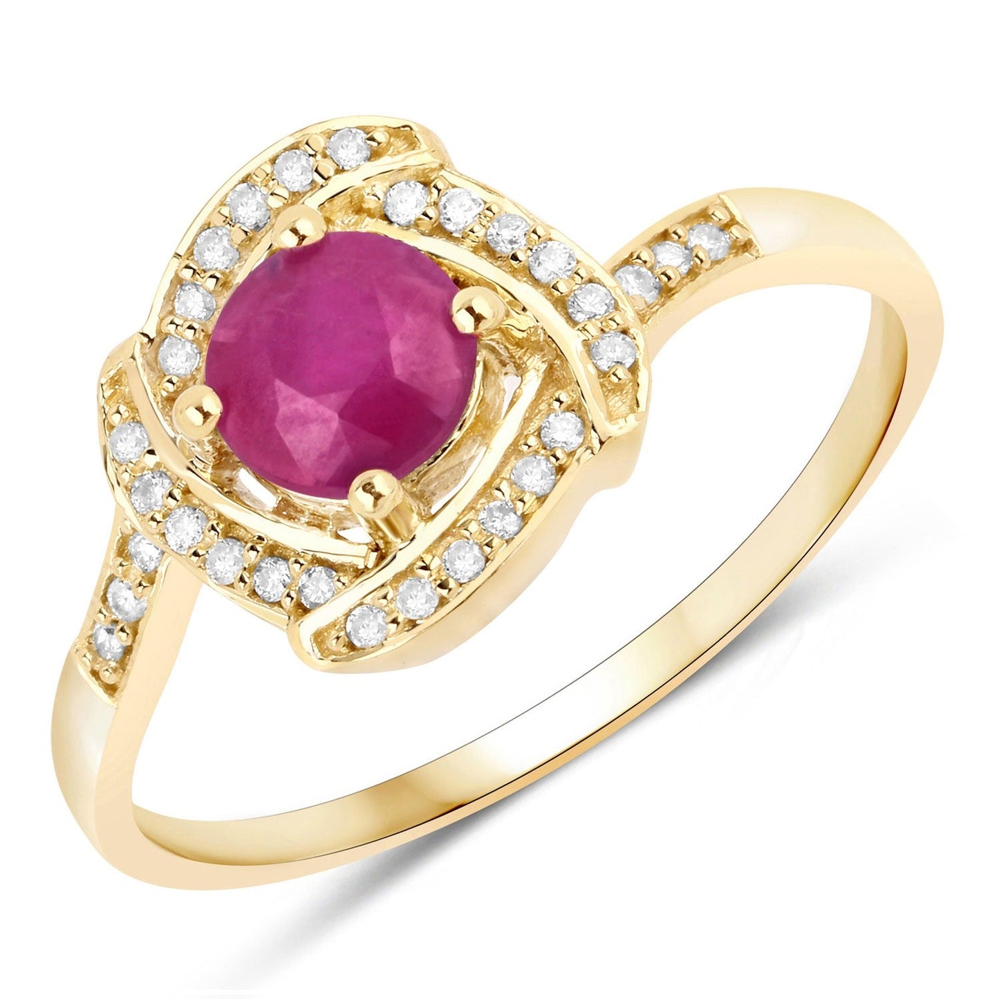0.55 Ct Round Pink Ruby & Diamond Prong 14K Yellow Gold Halo Bypass Ring