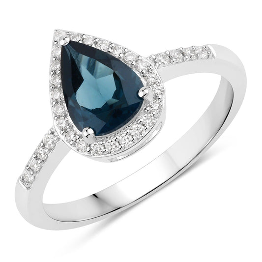1.15 Ct Pear London Blue Topaz Lab Diamond Prong Silver Halo Pave Bridge Ring