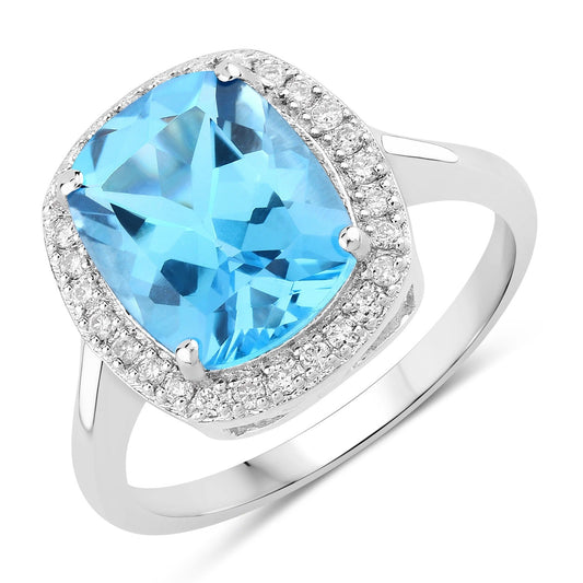 4.10 Ct Cushion Swiss Blue Topaz & Lab Diamond Prong Silver Halo Ring