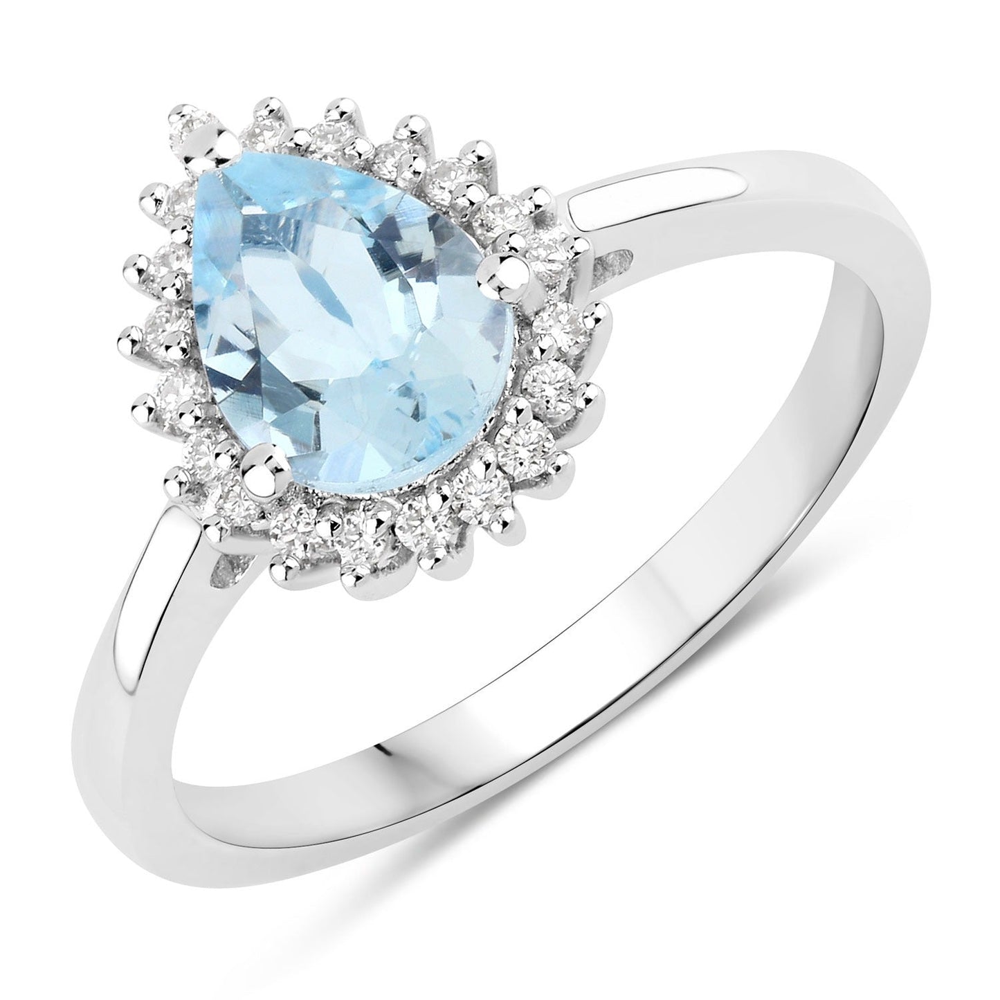 0.83 Ct Pear Blue Aquamarine & Lab Diamond Prong Silver Halo Ring
