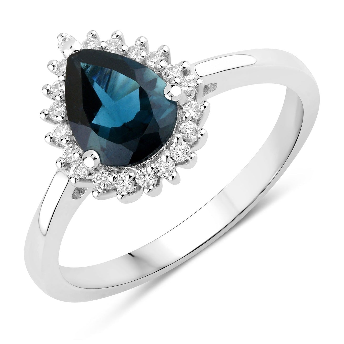 1.15 Ct Pear London Blue Topaz & Lab Diamond Prong Silver Halo Ring