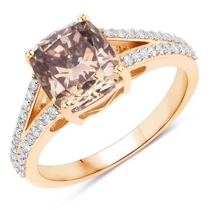 3.03 Ct Cushion Cut Genuine Brown Diamond 18K Yellow Gold Split Pave Shank Engagement Ring