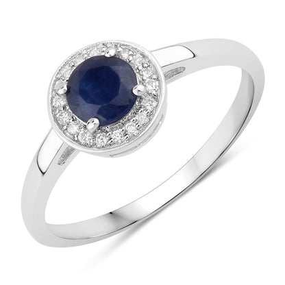 0.65 Ct Round Blue Sapphire & Lab Diamond Prong Silver Halo Engagement Ring