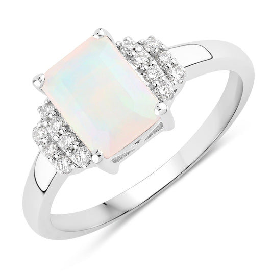 1.05 Ct Octagon White Ethiopian Opal and Lab Diamond Prong Silver Cocktail Ring