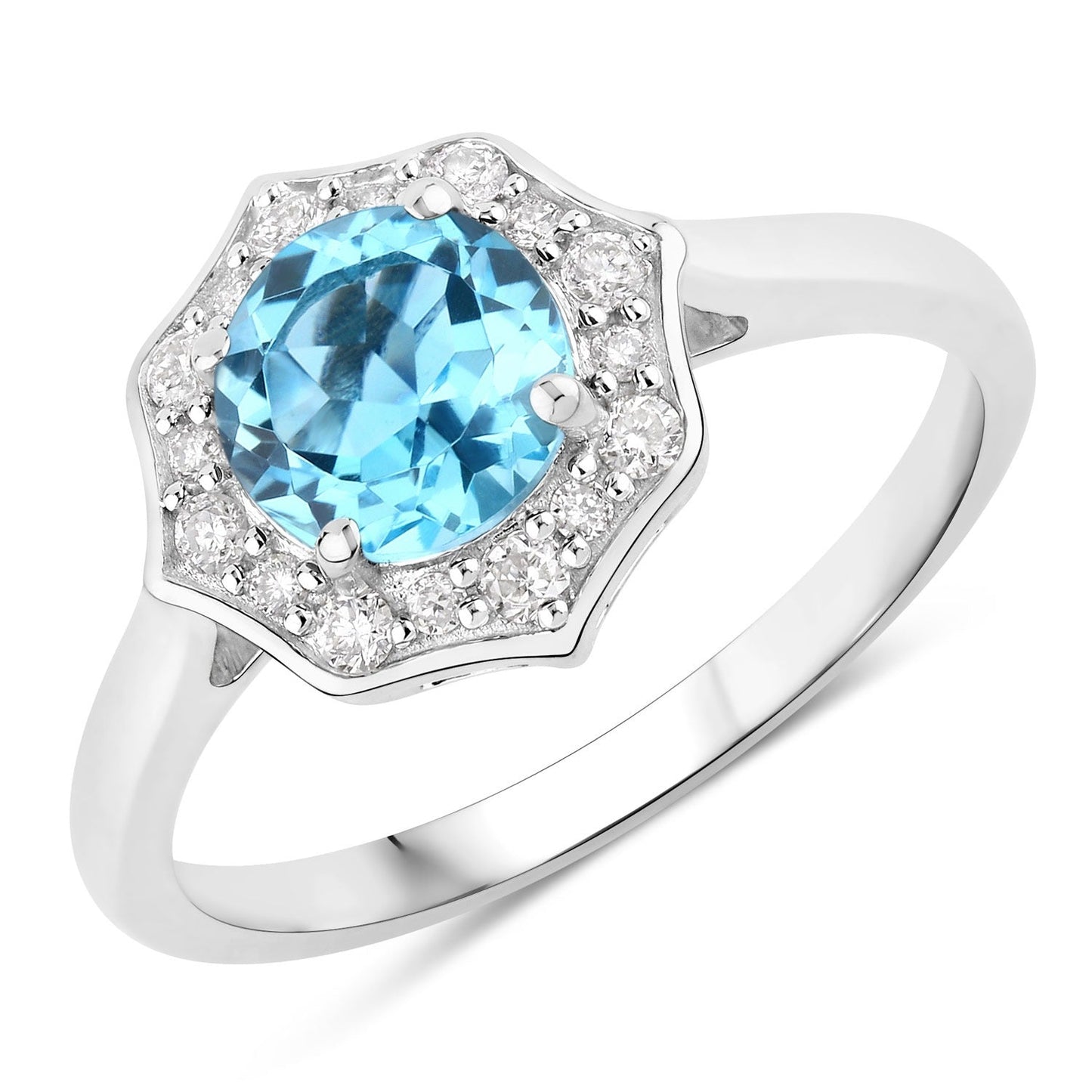 1.20 Ct Round Swiss Blue Topaz and Lab Diamond Prong Silver Halo Ring