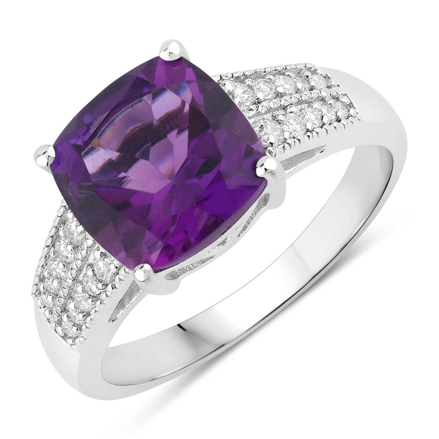 2.60 Ct Cushion Purple Amethyst and Lab Diamond Prong Silver Pave Bridge Ring