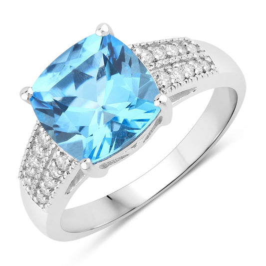 3.40 Ct Cushion Swiss Blue Topaz and Lab Diamond Prong Silver Pave Bridge Ring