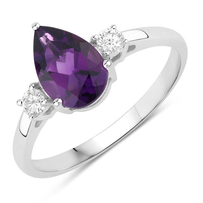 1.15 Ct Pear Purple Amethyst and Lab Diamond Prong Silver Three Stone Ring