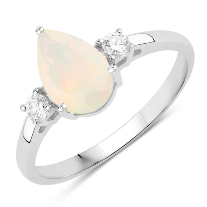 0.90 Ct Pear White Ethiopian Opal and Lab Diamond Prong Silver Three Stone Ring