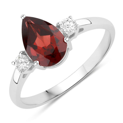 1.30 Ct Pear Red Mozambique Garnet and Lab Diamond Prong Silver Three Stone Ring