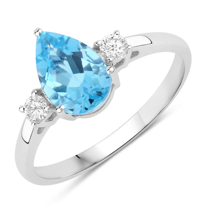 1.30 Ct Pear Swiss Blue Topaz and Lab Diamond Prong Silver Three Stone Ring