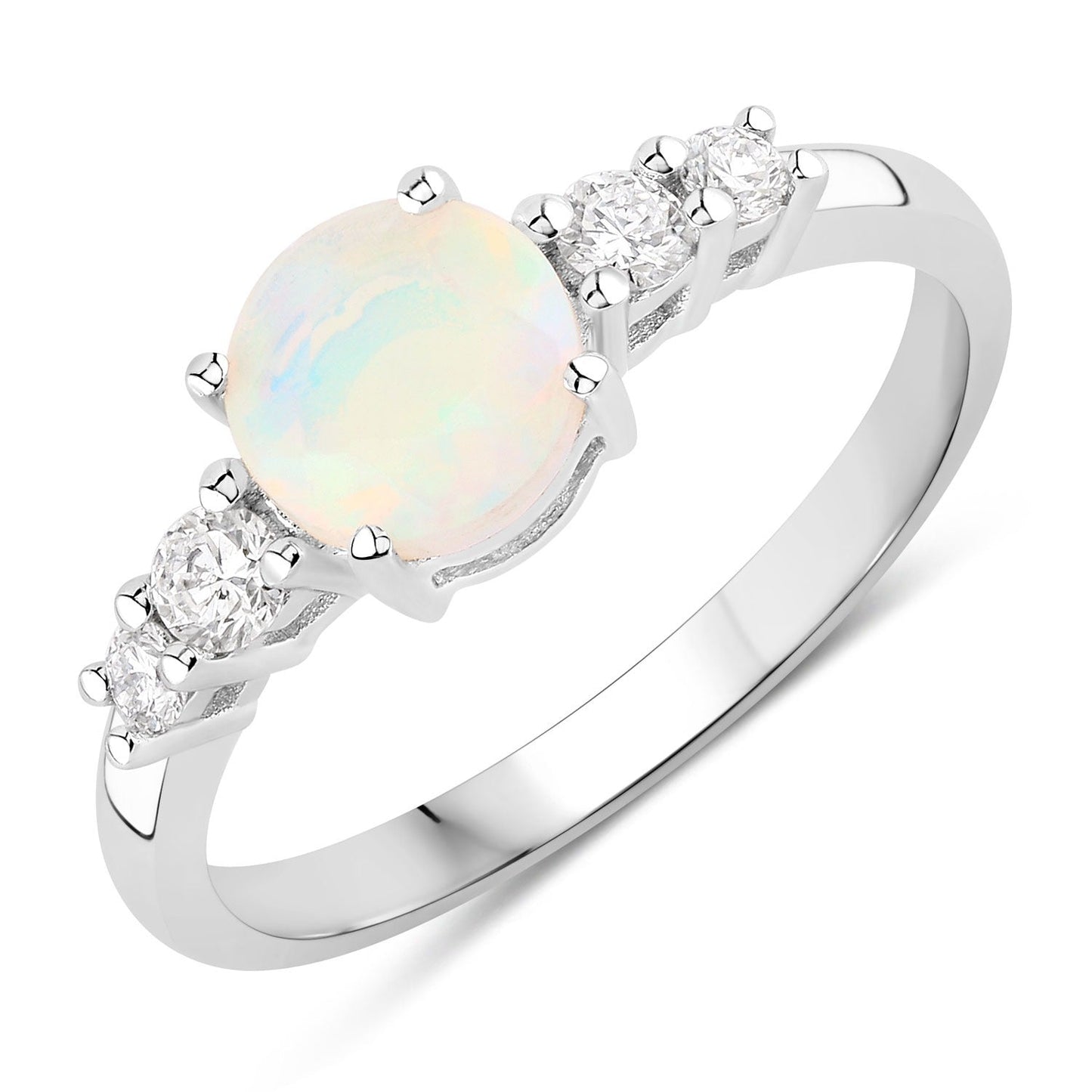 0.60 Ct Round White Ethiopian Opal and Lab Diamond Silver Prong Five Stone Ring