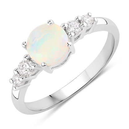 0.60 Ct Round White Ethiopian Opal and Lab Diamond Silver Prong Five Stone Ring