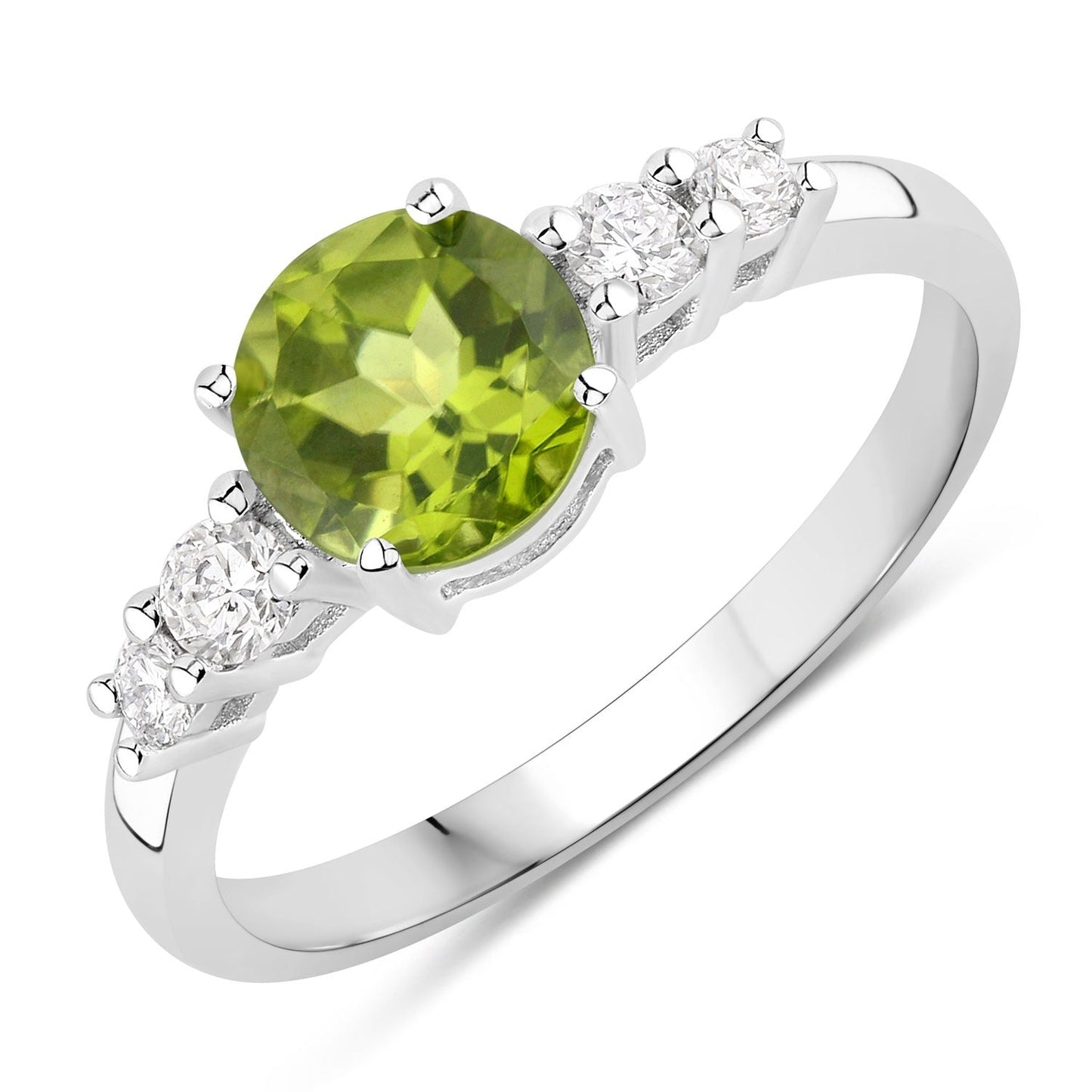 1.10 Ct Round Green Peridot and Lab Diamond Prong Silver Five Stone Ring