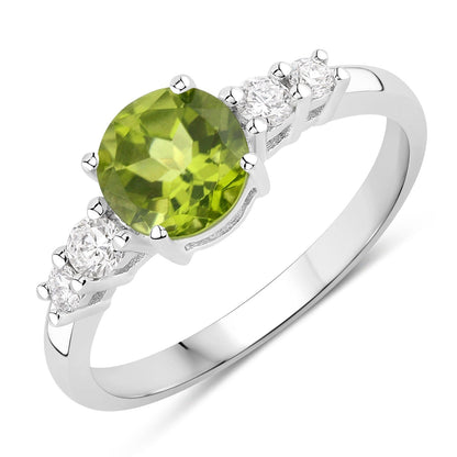 1.10 Ct Round Green Peridot and Lab Diamond Prong Silver Five Stone Ring