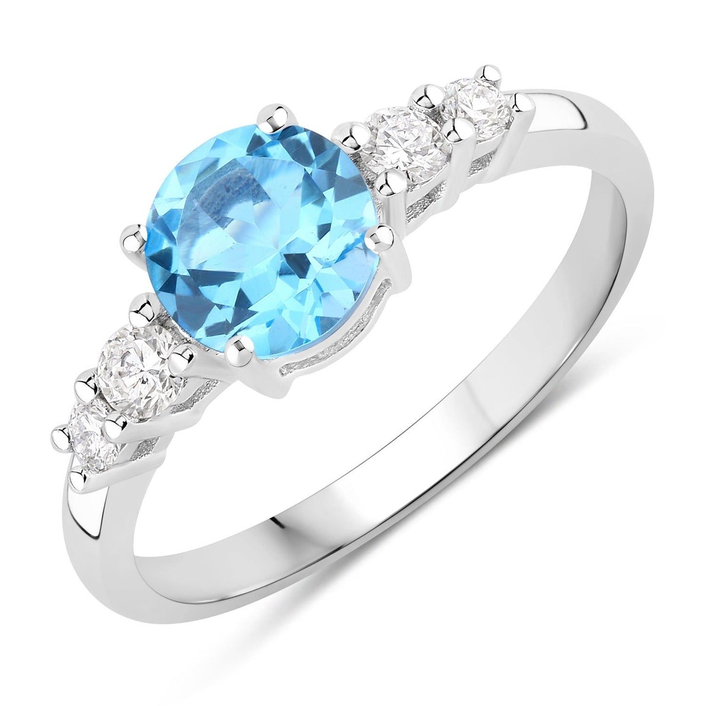 1.20 Ct Round Swiss Blue Topaz and Lab Diamond Prong Silver Five Stone Ring