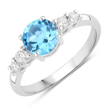 1.20 Ct Round Swiss Blue Topaz and Lab Diamond Prong Silver Five Stone Ring