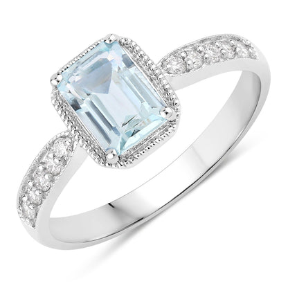 0.80 Ct Octagon Blue Aquamarine and Lab Diamond Prong Silver Pave Bridge Ring