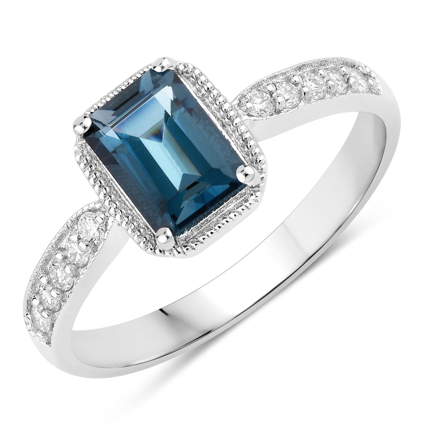 1.07 Ct Octagon London Blue Topaz and Lab Diamond Prong Silver Pave Bridge Ring