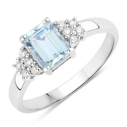 0.80 Ct Octagon Blue Aquamarine and Lab Diamond Prong Silver Cocktail Ring