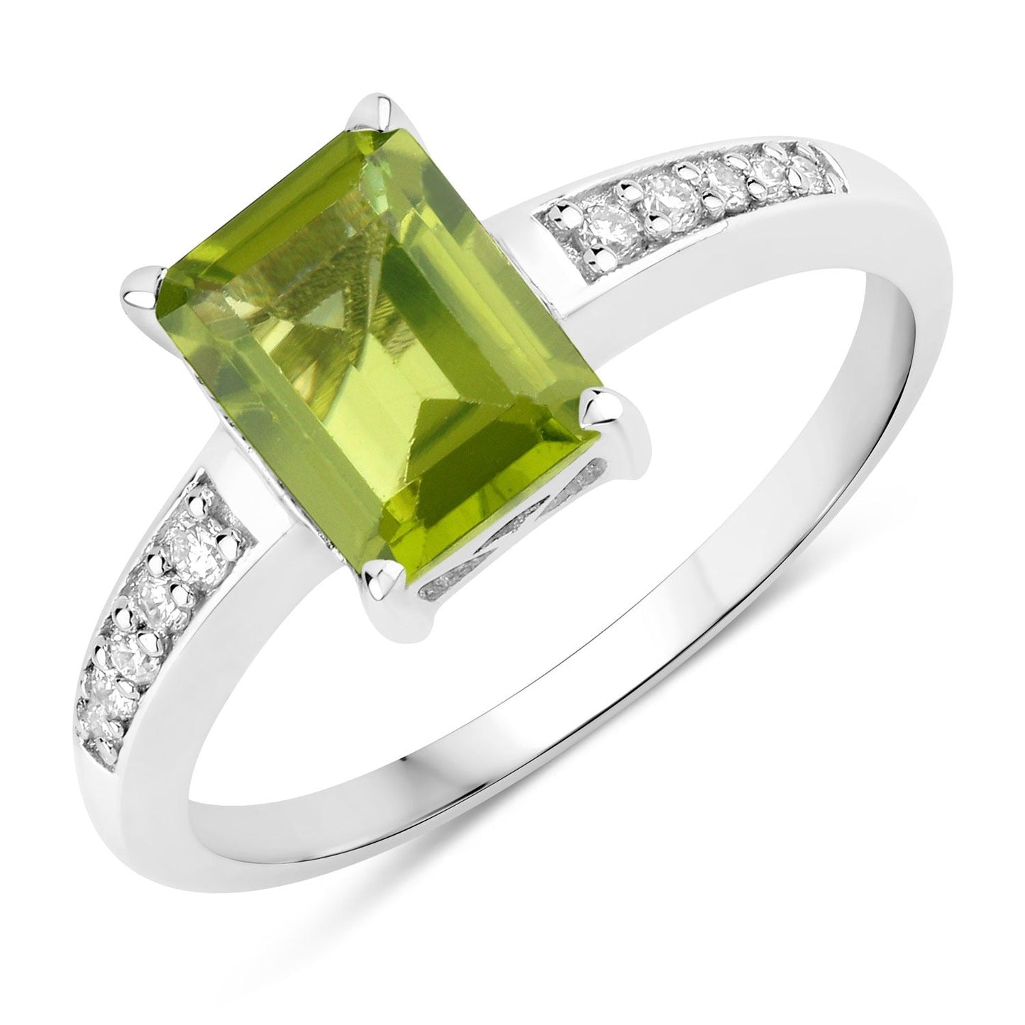 1.60 Ct Octagon Green Peridot and Lab Diamond Prong Silver Pave Bridge Ring