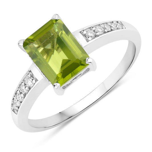 1.60 Ct Octagon Green Peridot and Lab Diamond Prong Silver Pave Bridge Ring