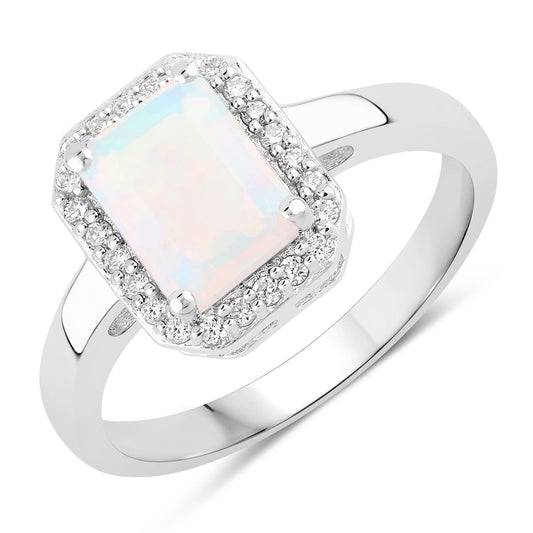 1.05 Ct Octagon Ethiopian Opal and Lab Diamond Prong Silver Halo Ring
