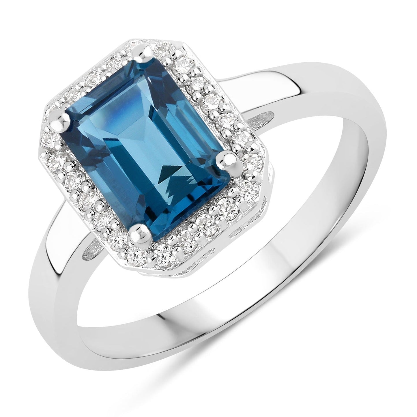 1.60  Ct Octagon London Blue Topaz and Lab Diamond Prong Silver Halo Ring