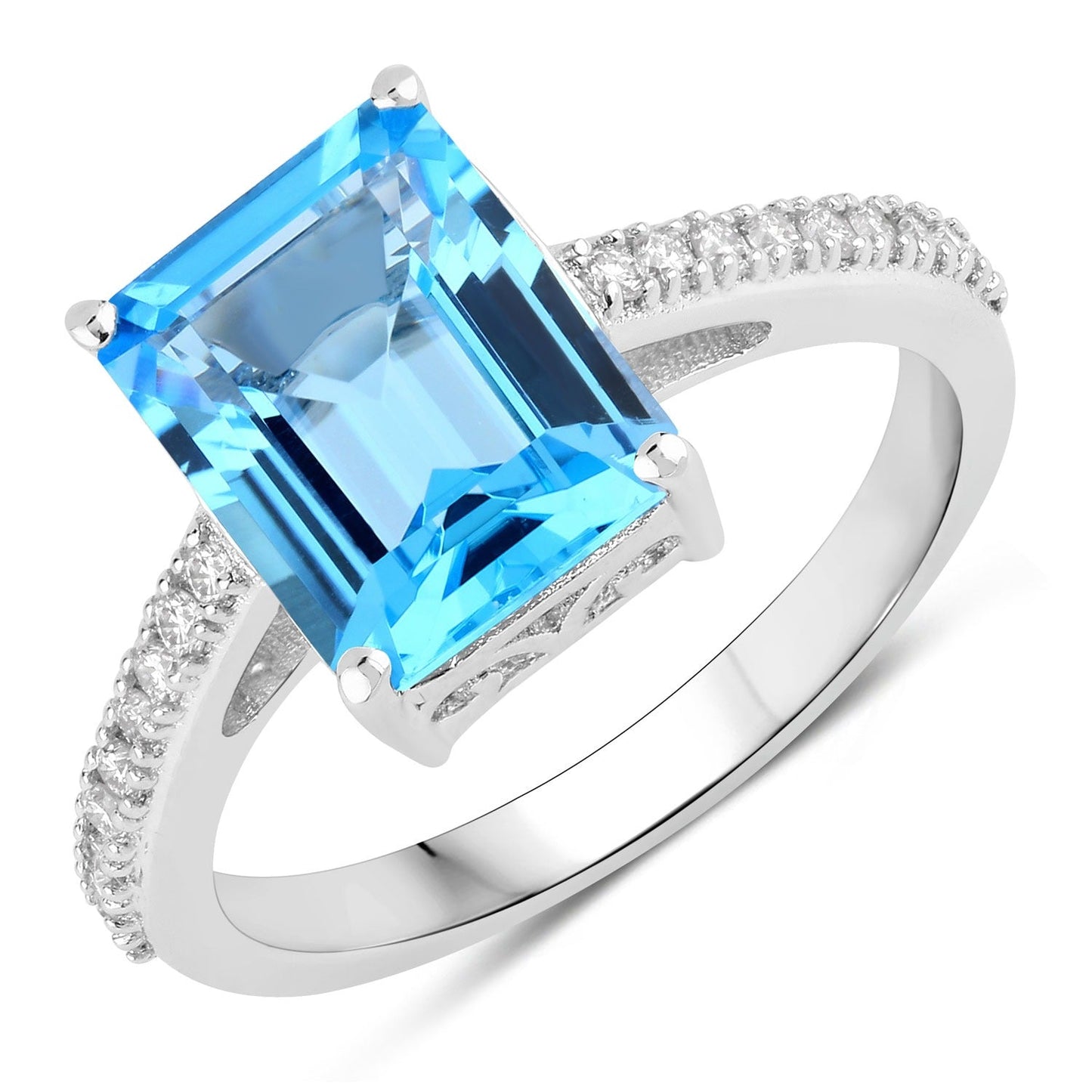 3.89 Ct Octagon Swiss Blue Topaz & Lab Diamond Prong Silver Pave Bridge Ring
